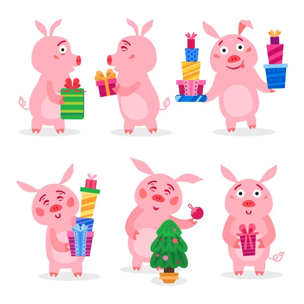 Set Weihnachtsschweine mit Weihnachtsgeschenken. Vektor — Stockvektor