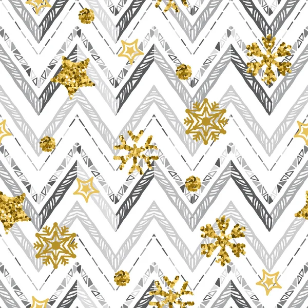 En guld snöflinga mönster sicksack. Christmas chevron — Stock vektor