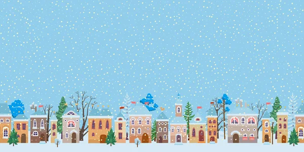 Una calle de Navidad nevada. Invierno ciudad panorama . — Vector de stock