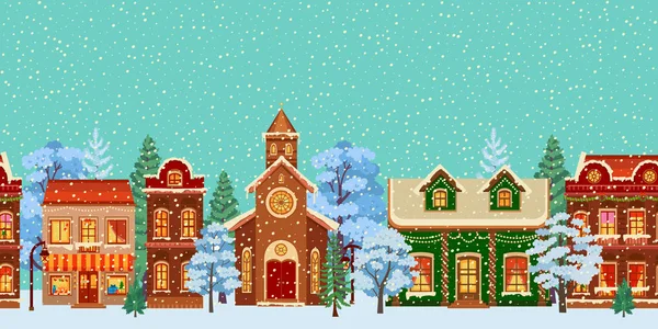 Una calle de Navidad nevada. Invierno ciudad panorama . — Archivo Imágenes Vectoriales