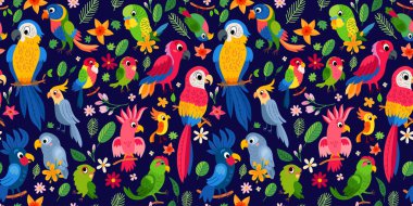 Ormanda sevimli tropikal kuşlar. Papağanlar ve Toucan dalları oturan.