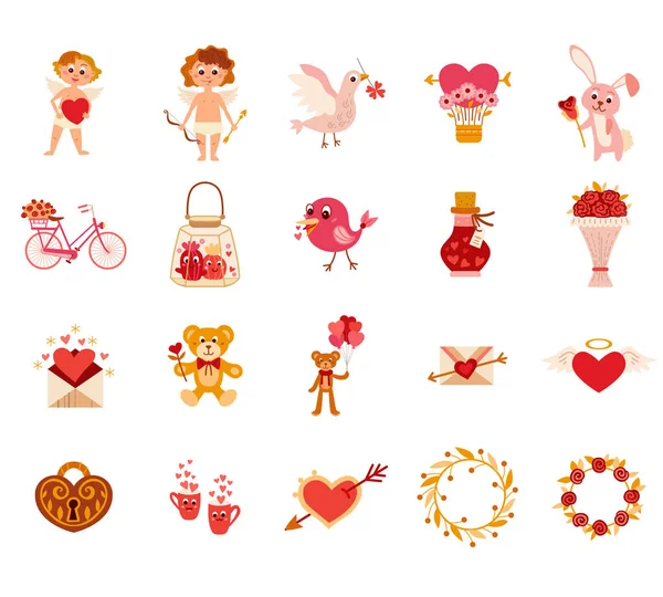 Día de San Valentín elementos planos conjuntos de iconos. Vector — Archivo Imágenes Vectoriales