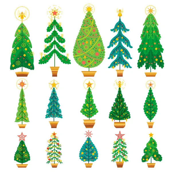 Winter vector set of cartoon Christmas tree. — Stock Vector