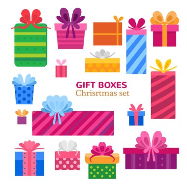 Farklı hediye kutularının vektör seti. Düz tasarım.