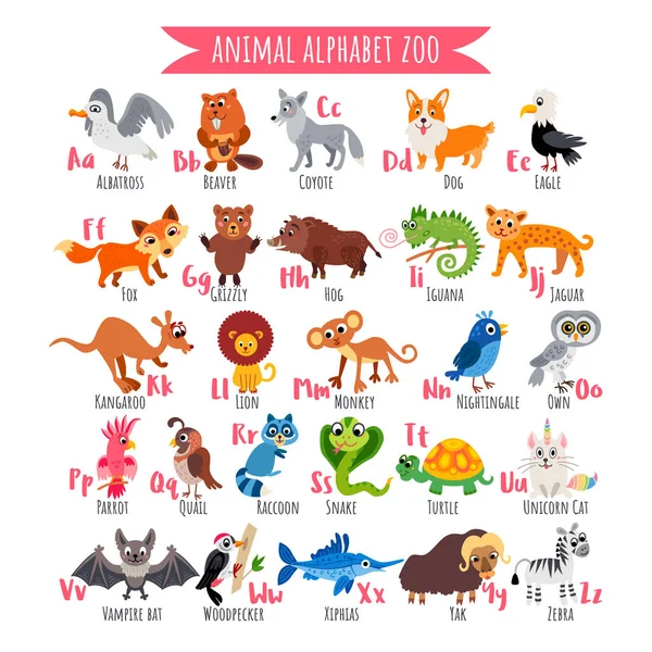 Alfabeto Zoológico. A-Z Alfabeto animal. Cartaz vetorial . — Vetor de Stock