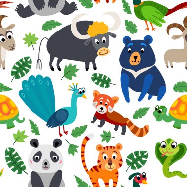 Wild Asia animals seamless pattern in flat style clipart