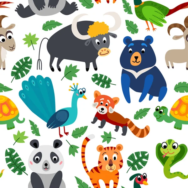 สัตว์ป่าเอเชีย รูปแบบไร้เย็บในสไตล์แบน — ภาพเวกเตอร์สต็อก