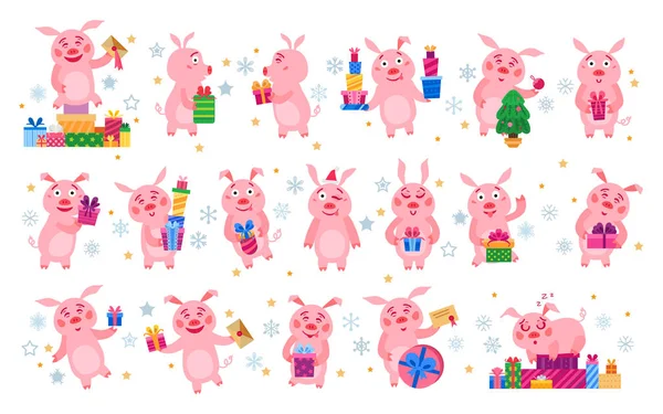 Set of christmas pigs with christmas gifts. Vector — Stock Vector