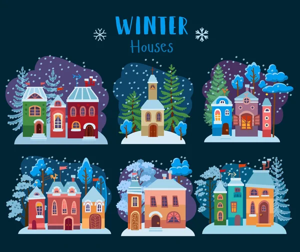 Winter collection of christmas houses. Cozy snow — Stock Vector