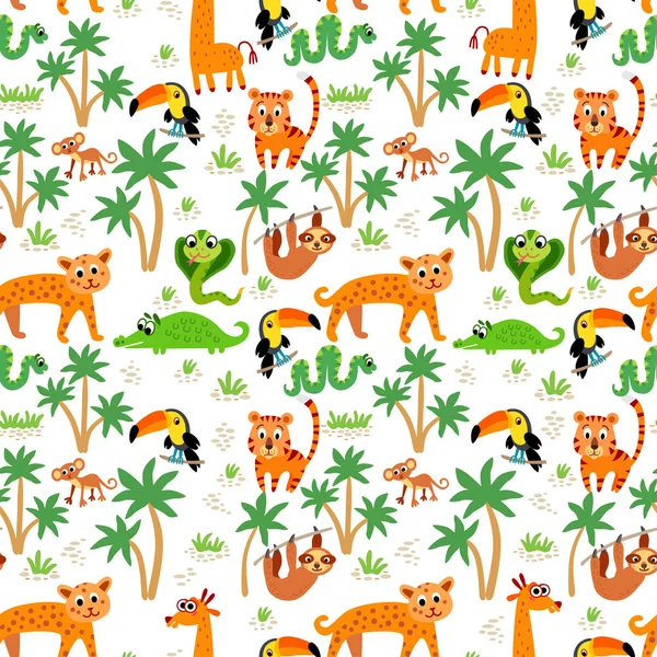 Зоопарк. Рисунок джунглей. Бесшовный тропический векторный фон . — стоковый вектор
