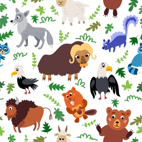 Wild North America animals seamless pattern in flat style Vector Graphics