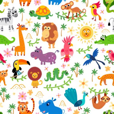 Hayvanat Bahçesi. Orman desen. Sorunsuz tropikal vektör arka plan.