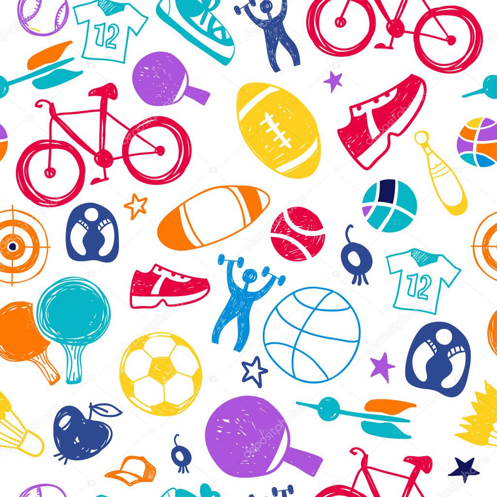 Sport sketch pattern. Hand drawn sports equipment.