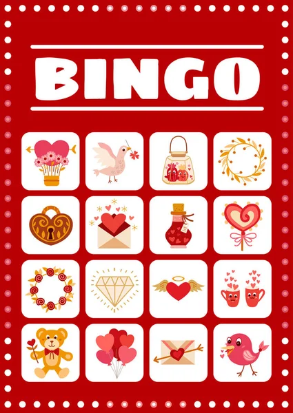 Bingo tarjeta de juego con elementos de amor en estilo de dibujos animados . — Vector de stock