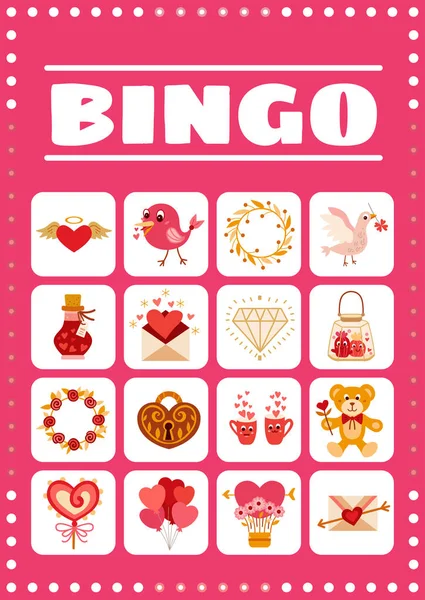 Bingo tarjeta de juego con elementos de amor en estilo de dibujos animados . — Vector de stock