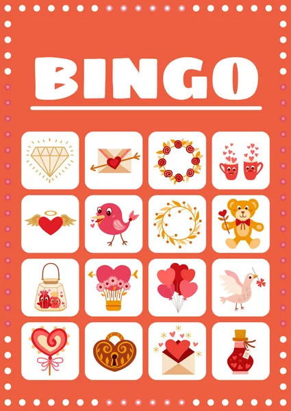 Karikatür tarzında aşk elemanları ile oyun için Bingo kartı. — Stok Vektör
