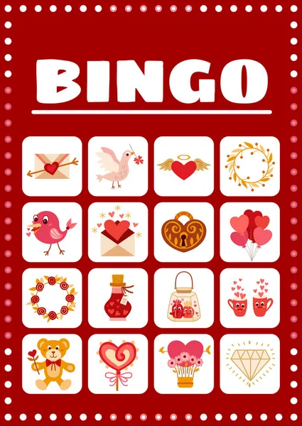 Bingo tarjeta de juego con elementos de amor en estilo de dibujos animados . — Vector de stock