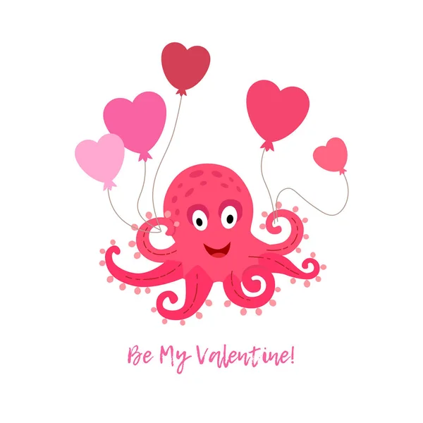 Valentinstag Grußkarte mit Oktopus und Luftballons — Stockvektor