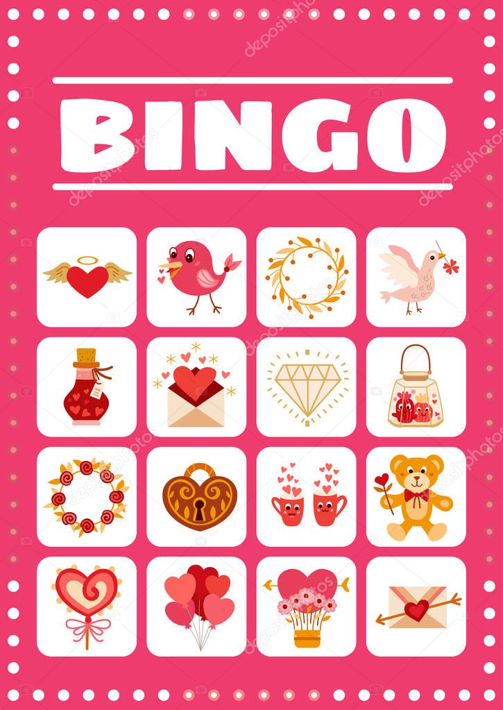 Bingo card for game with love elements in cartoon style.