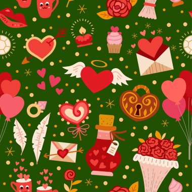 Aşk elemanları ile Dikişsiz desen. Vektör Illustration