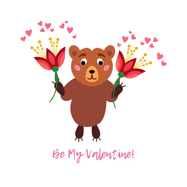 Ημέρα του Αγίου Βαλεντίνου ευχετήρια κάρτα με αρκουδάκι και κόκκινα λουλούδια — Διανυσματικό Αρχείο