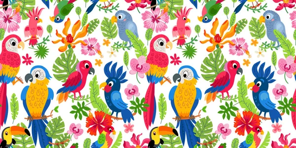 Lindas aves tropicales en la selva. Loros y tucanes sentados en ramas . — Vector de stock