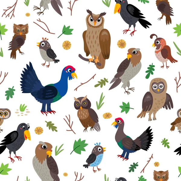 鳥の森シームレスパターン。森林動物. — ストックベクタ