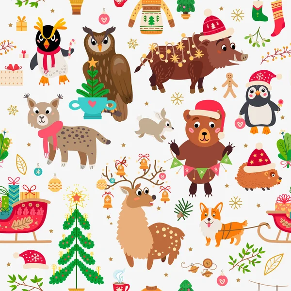 A Christmas forest animals pattern. Winter vector — Stock Vector