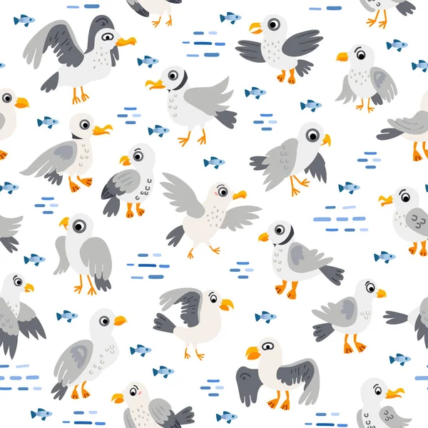 Seagull Seamless Pattern. Costa, mare. Illustrazione vettoriale — Vettoriale Stock