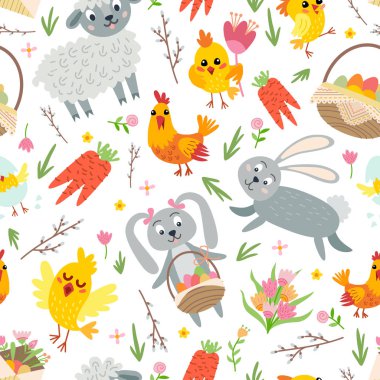 Paskalya Dikişsiz desen. Karikatür Paskalya sembolü ile tatil Vintage arka plan.