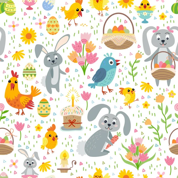 Easter seamless pattern. Holiday vintage background with cartoon Easter symbol. — Stock Vector