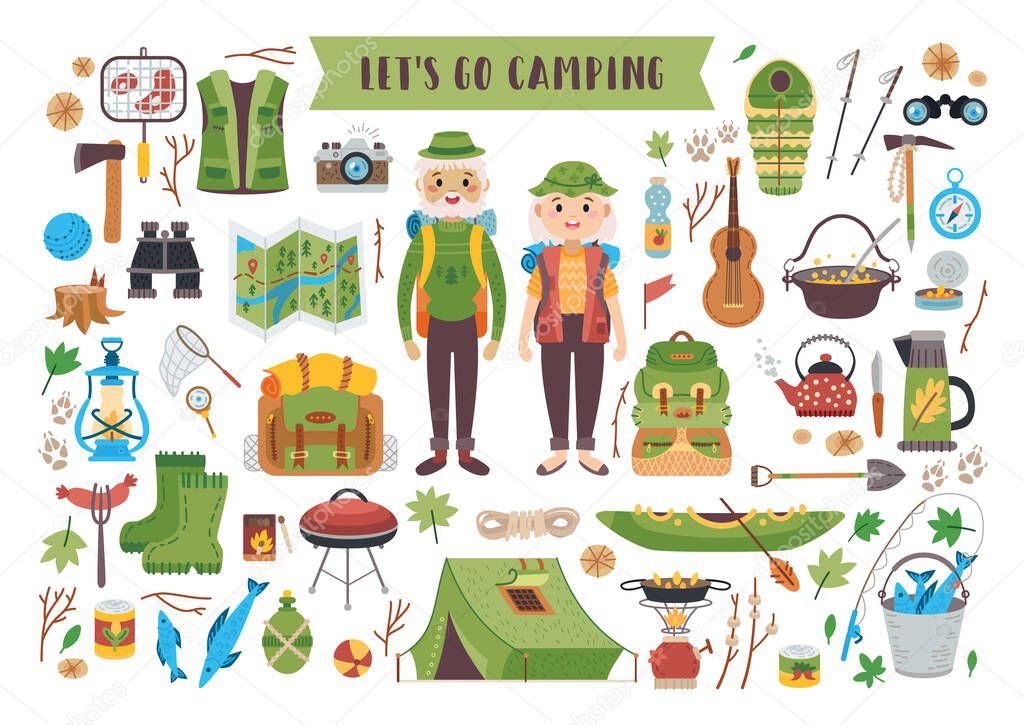 Camping equipment set. A vector tourist theme.