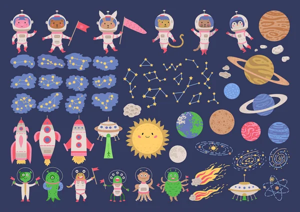 Grande gruppo di astronauti animali nello spazio — Vettoriale Stock