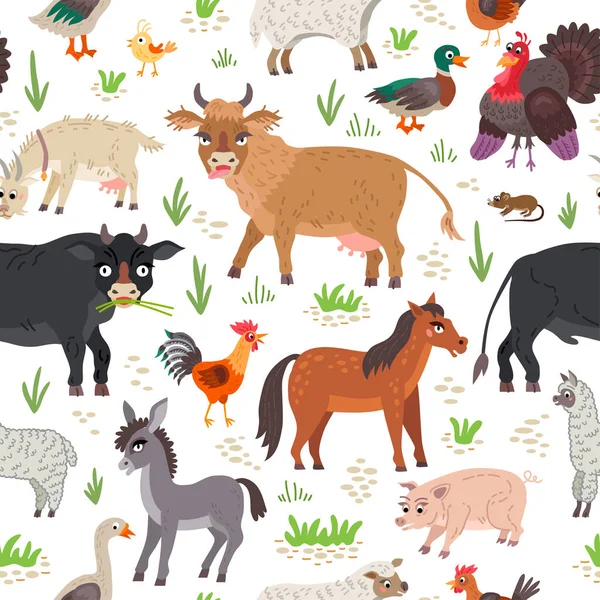 Patrón sin costura de animales de granja en estilo plano — Vector de stock