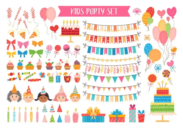 Elementos de fiesta para niños. Colección de cumpleaños plana — Vector de stock