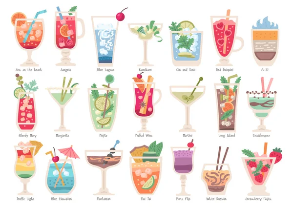 Alcoholische fruitcocktails gezet. Strandfeestdrankjes — Stockvector