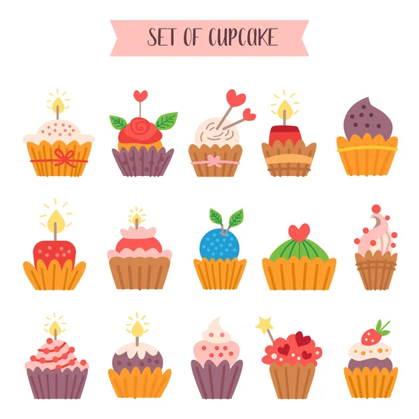 Coleção de desenhos animados estilo de cupcakes doces. Vetor — Vetor de Stock