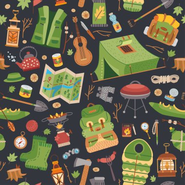 Camping equipment pattern. A vector tourist theme. clipart