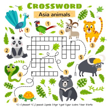 Asia animals crossword. Game for preschool kids clipart