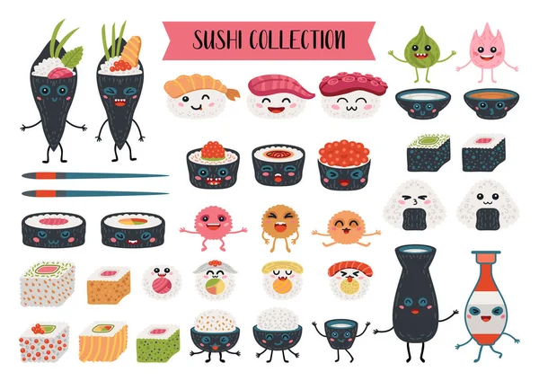 Coleção de rolos kawaii e personagens de sushi —  Vetores de Stock