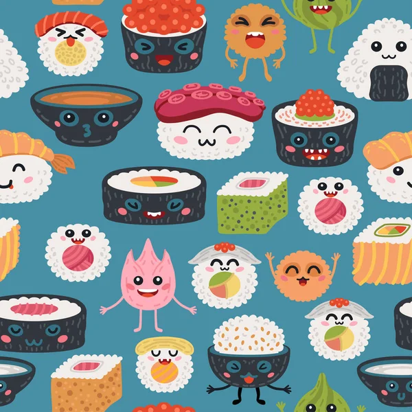 Seamless pattern kawaii rolls and sushi background — Stock Vector