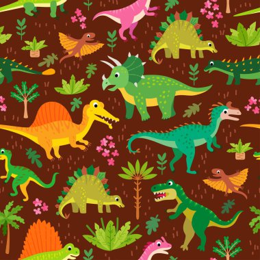 Çocuksu dinozorlar ve tropikal yapraklar.