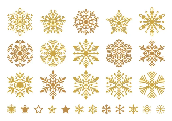 Goldene Schneeflocken setzen ein. Weihnachten flacher Schneekristall — Stockvektor