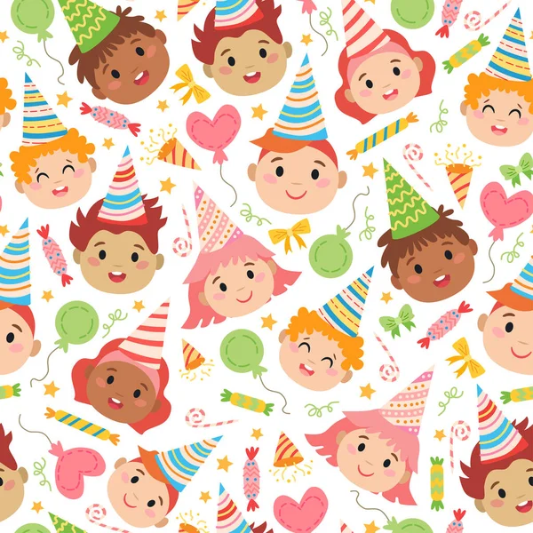 Kinder mit Geburtstagskappen-Muster. Für die Partei — Stockvektor