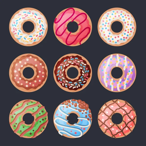 Set de 9 rosquillas de dibujos animados de colores sobre negro — Archivo Imágenes Vectoriales