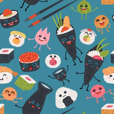 Kusursuz desenli kawaii ruloları ve suşi arka planı