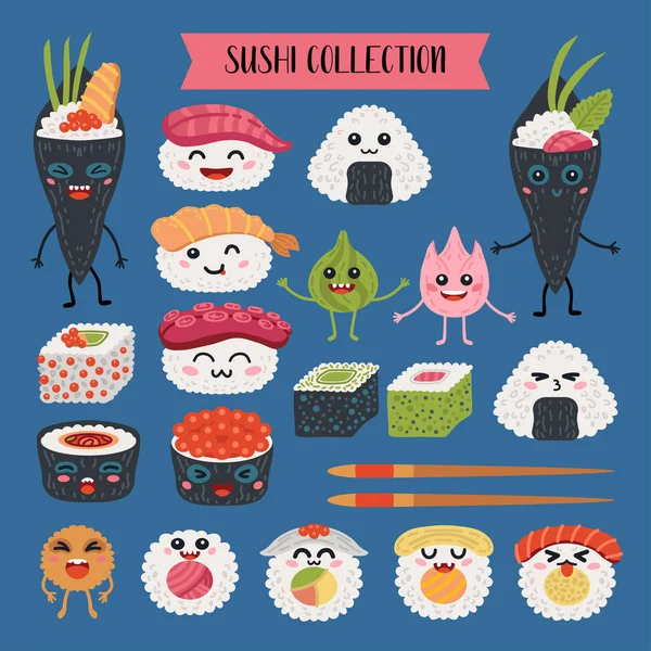 Collezione di rotoli di kawaii e personaggi del sushi — Vettoriale Stock