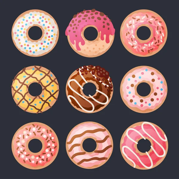 Conjunto de 9 desenhos animados donuts coloridos em preto — Vetor de Stock