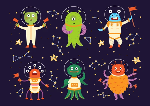 Extraterrestres monstruos con trajes espaciales. personajes de dibujos animados — Vector de stock