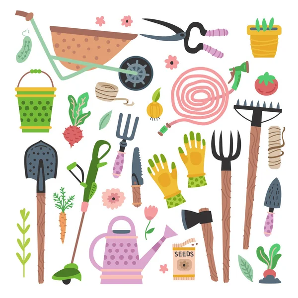 Conjunto de ferramentas de jardim. Vector equipamento de jardinagem plana — Vetor de Stock